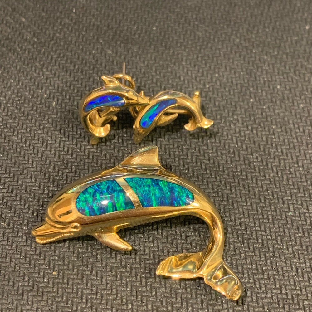 Nautical 14k Yellow Gold Inlayed Opal Dolphin Pendant & Earrings w/ Omega Backs